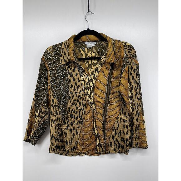 Alberto Makali Tops - Alberto Makali Blouse Top Womens Gold Leopard Animal Print M‎ Stretch 3/4 Sleeve